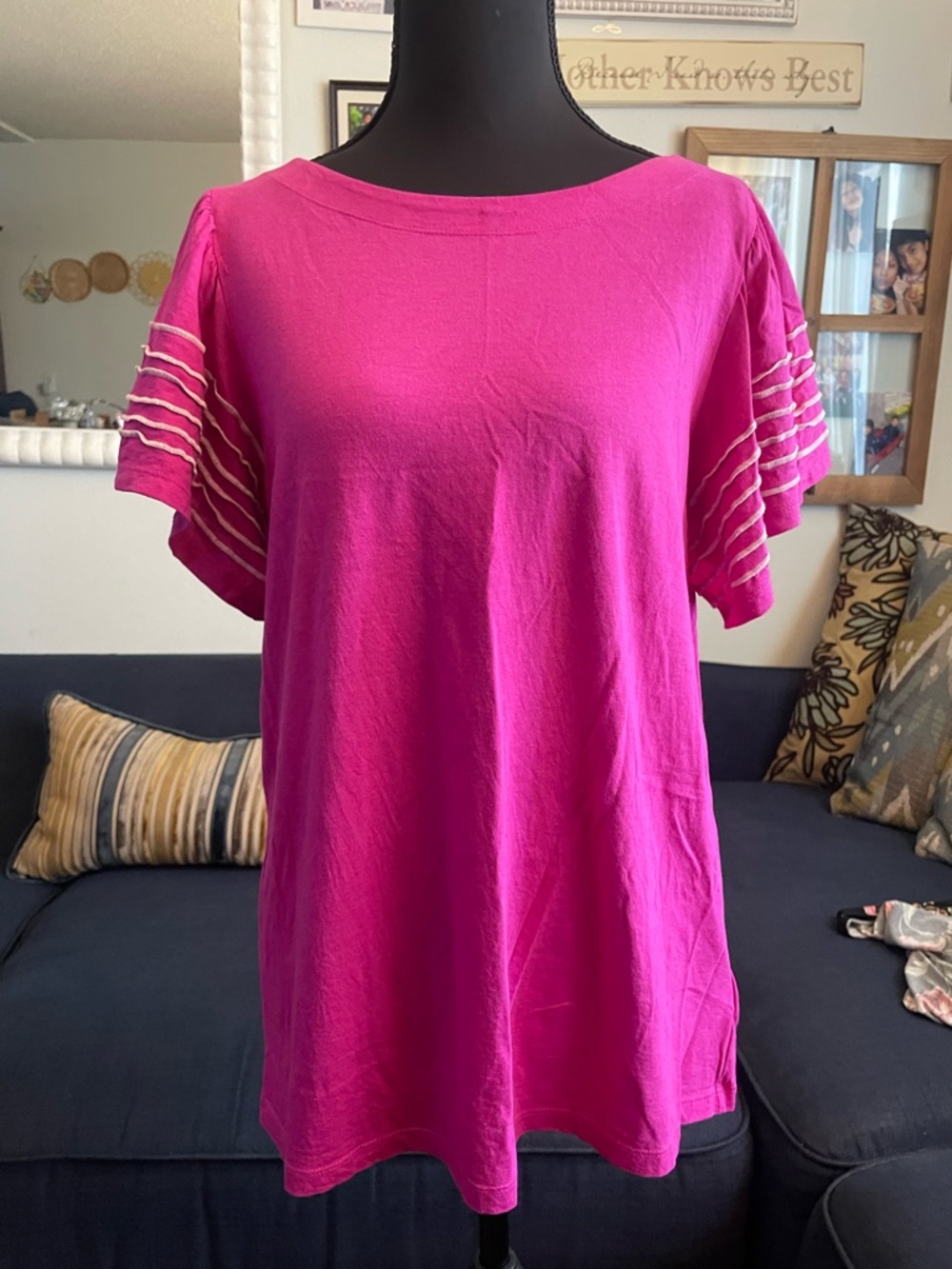 Jones New York Bright Fuchsia Short Sleeve Top with Striped Flutter Sleeves